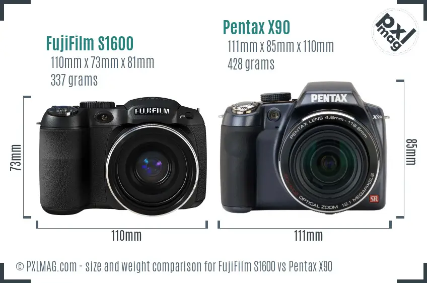 FujiFilm S1600 vs Pentax X90 size comparison