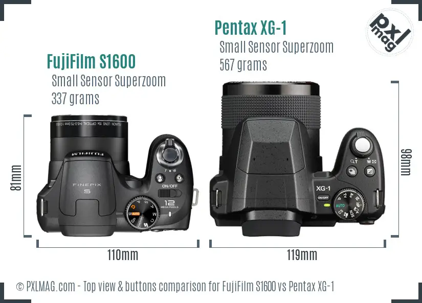 FujiFilm S1600 vs Pentax XG-1 top view buttons comparison