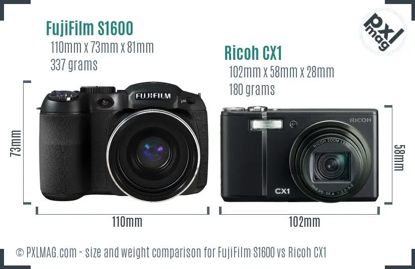 FujiFilm S1600 vs Ricoh CX1 size comparison