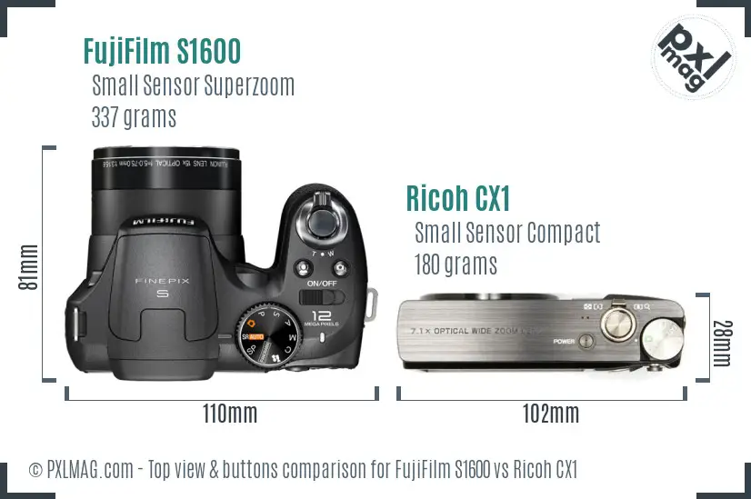 FujiFilm S1600 vs Ricoh CX1 top view buttons comparison