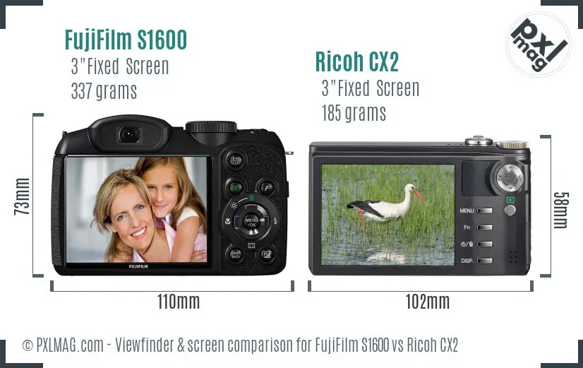 FujiFilm S1600 vs Ricoh CX2 Screen and Viewfinder comparison
