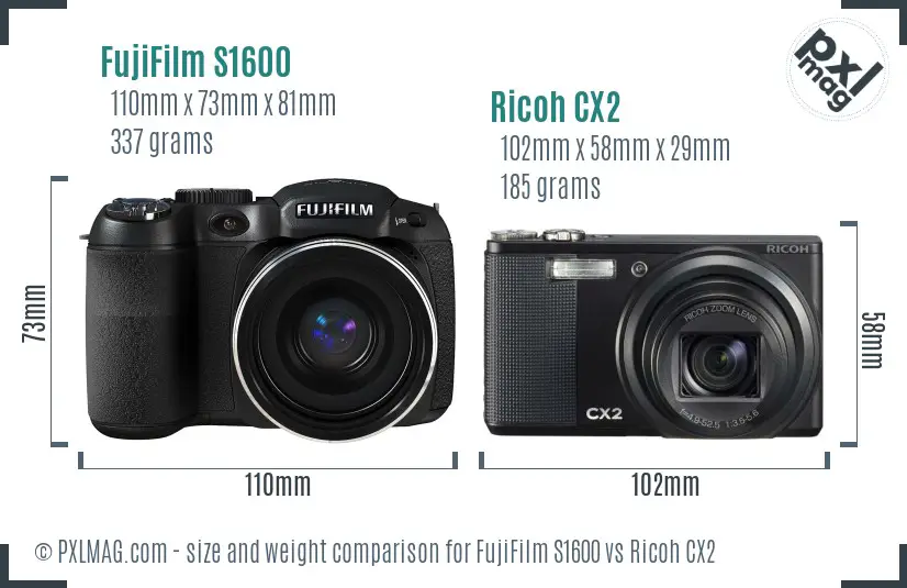 FujiFilm S1600 vs Ricoh CX2 size comparison