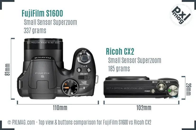 FujiFilm S1600 vs Ricoh CX2 top view buttons comparison
