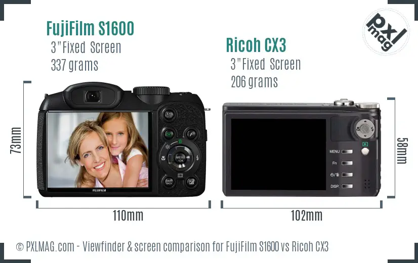 FujiFilm S1600 vs Ricoh CX3 Screen and Viewfinder comparison