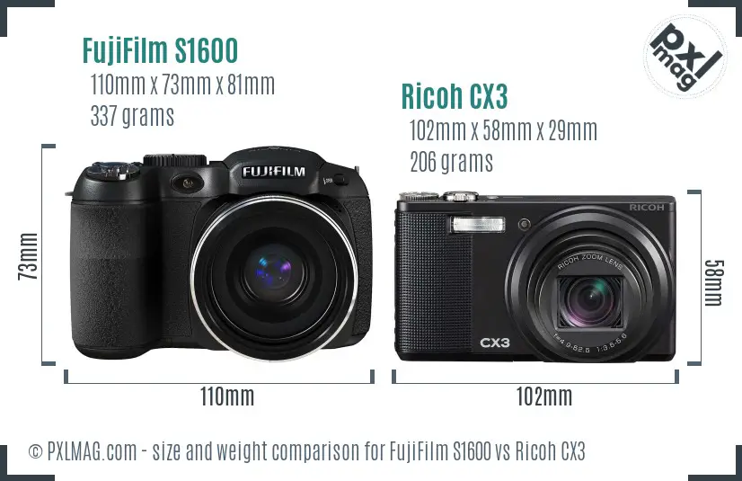 FujiFilm S1600 vs Ricoh CX3 size comparison