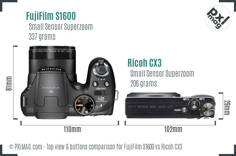 FujiFilm S1600 vs Ricoh CX3 top view buttons comparison
