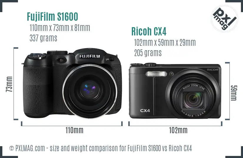 FujiFilm S1600 vs Ricoh CX4 size comparison