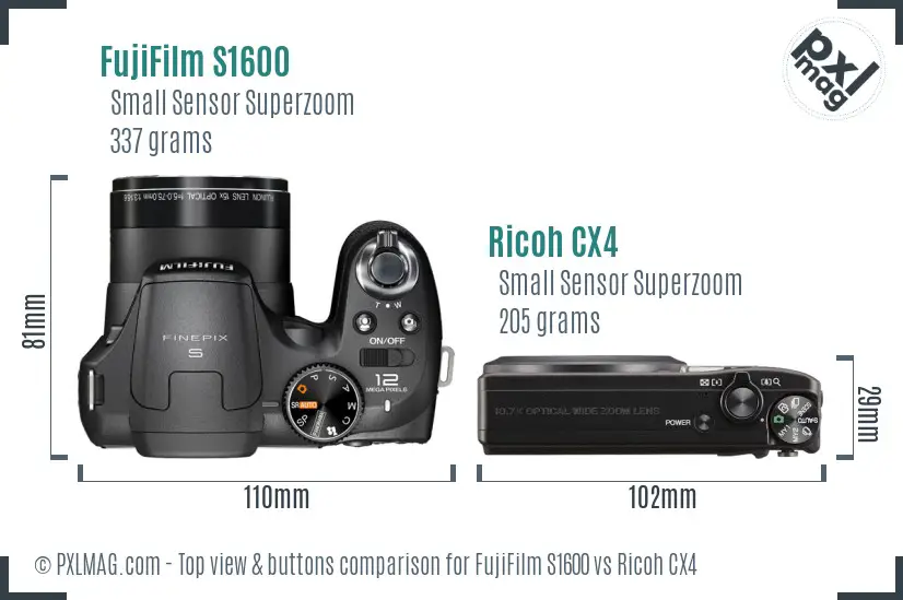 FujiFilm S1600 vs Ricoh CX4 top view buttons comparison