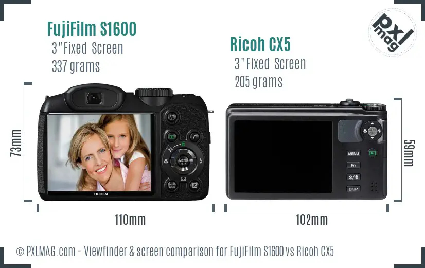 FujiFilm S1600 vs Ricoh CX5 Screen and Viewfinder comparison