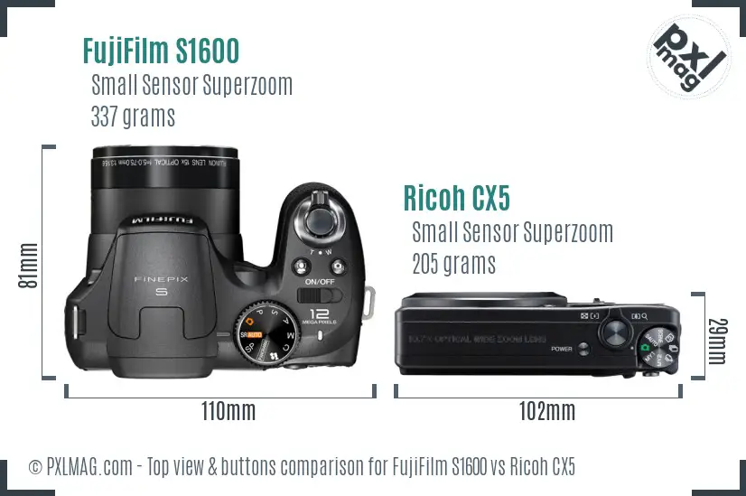 FujiFilm S1600 vs Ricoh CX5 top view buttons comparison