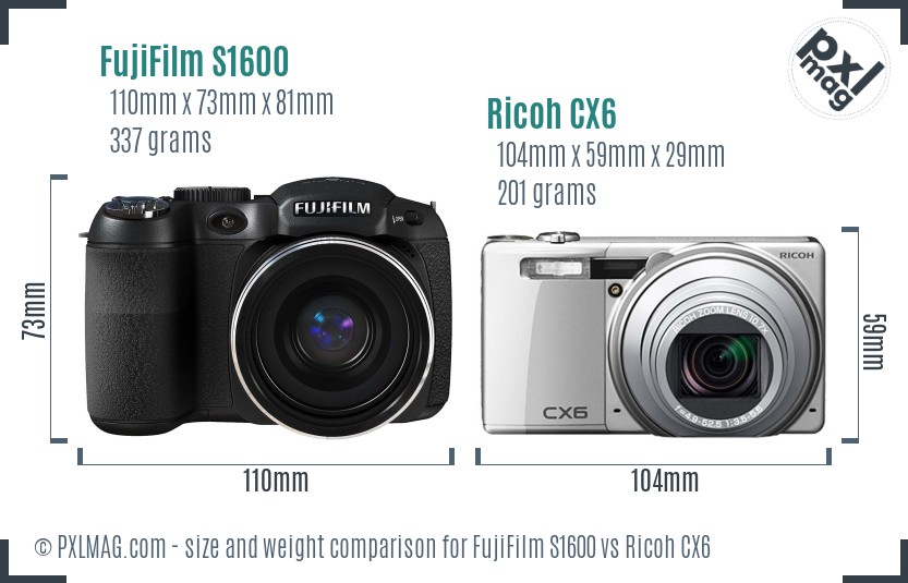 FujiFilm S1600 vs Ricoh CX6 size comparison