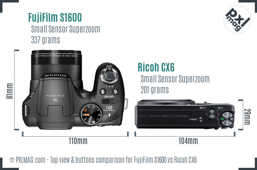 FujiFilm S1600 vs Ricoh CX6 top view buttons comparison