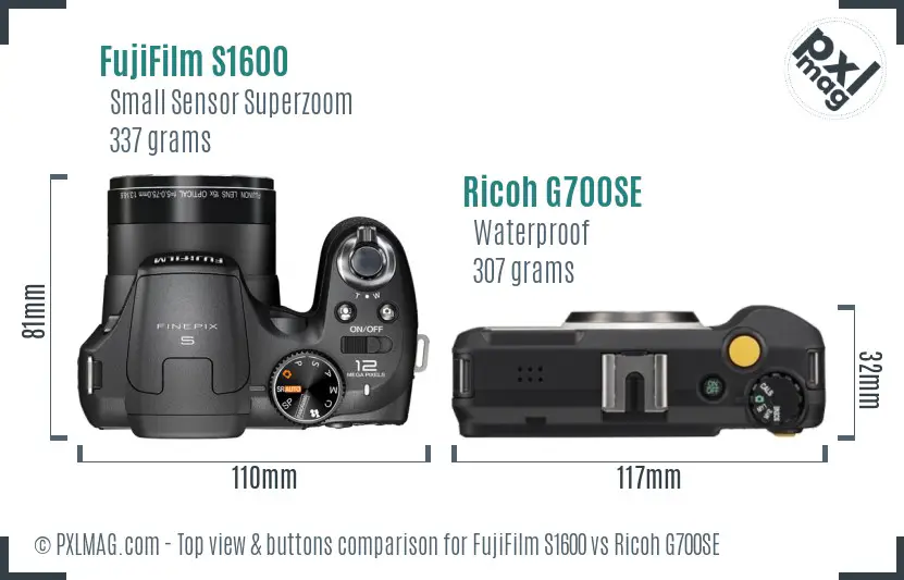 FujiFilm S1600 vs Ricoh G700SE top view buttons comparison