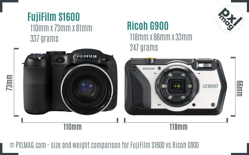 FujiFilm S1600 vs Ricoh G900 size comparison FujiFilm S1600 vs Ricoh G900 size comparison
