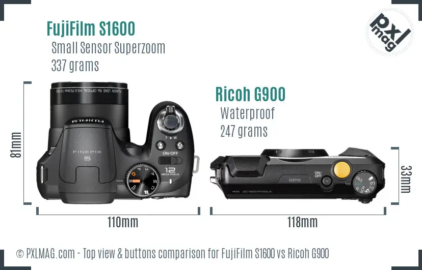 FujiFilm S1600 vs Ricoh G900 top view buttons comparison FujiFilm S1600 vs Ricoh G900 top view buttons comparison