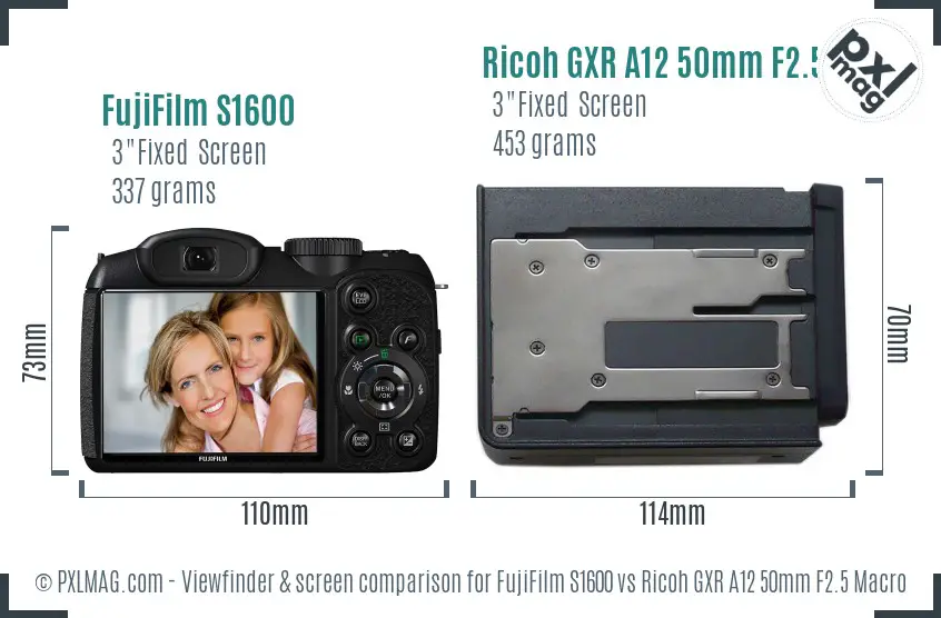 FujiFilm S1600 vs Ricoh GXR A12 50mm F2.5 Macro Screen and Viewfinder comparison