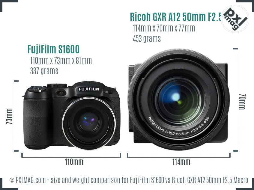 FujiFilm S1600 vs Ricoh GXR A12 50mm F2.5 Macro size comparison