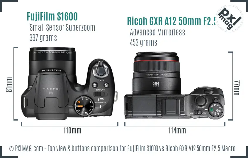 FujiFilm S1600 vs Ricoh GXR A12 50mm F2.5 Macro top view buttons comparison