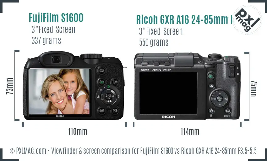 FujiFilm S1600 vs Ricoh GXR A16 24-85mm F3.5-5.5 Screen and Viewfinder comparison FujiFilm S1600 vs Ricoh GXR A16 24-85mm F3.5-5.5 Screen and Viewfinder comparison