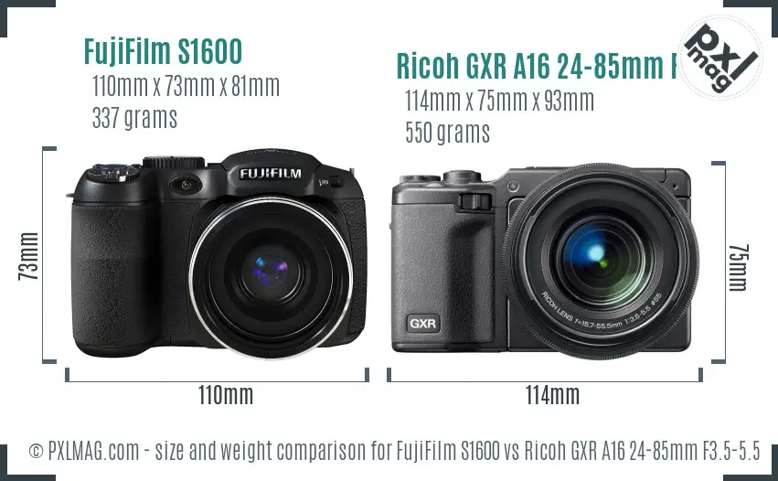 FujiFilm S1600 vs Ricoh GXR A16 24-85mm F3.5-5.5 size comparison FujiFilm S1600 vs Ricoh GXR A16 24-85mm F3.5-5.5 size comparison