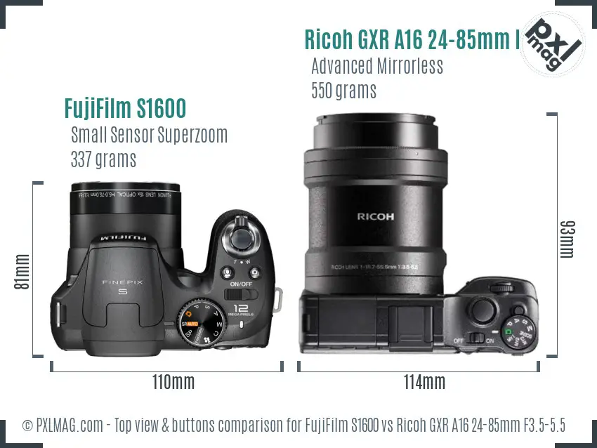 FujiFilm S1600 vs Ricoh GXR A16 24-85mm F3.5-5.5 top view buttons comparison FujiFilm S1600 vs Ricoh GXR A16 24-85mm F3.5-5.5 top view buttons comparison