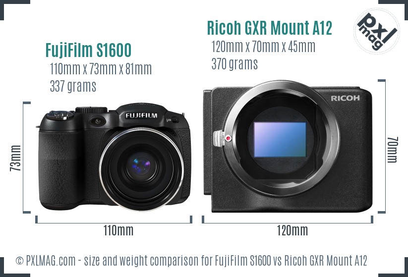 FujiFilm S1600 vs Ricoh GXR Mount A12 size comparison