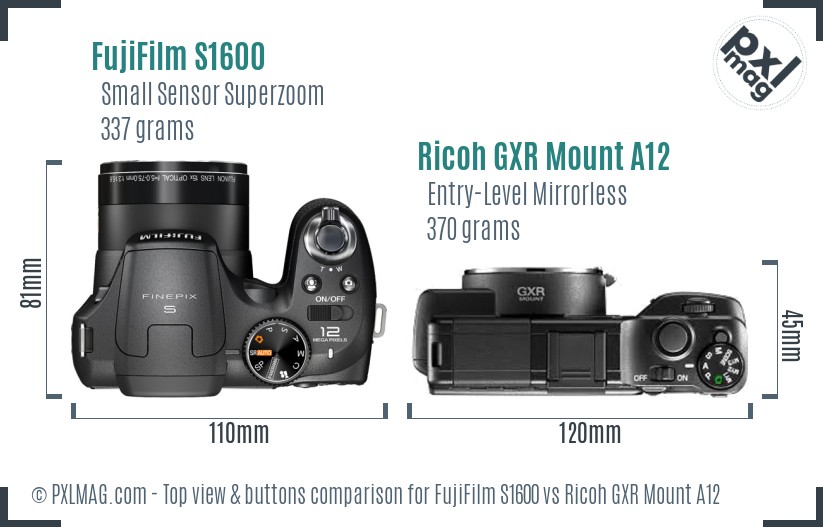 FujiFilm S1600 vs Ricoh GXR Mount A12 top view buttons comparison