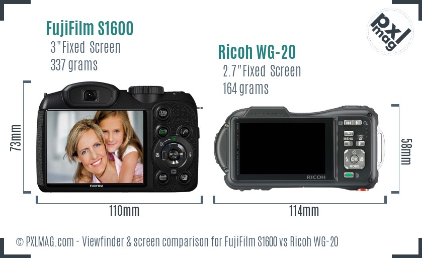 FujiFilm S1600 vs Ricoh WG-20 Screen and Viewfinder comparison