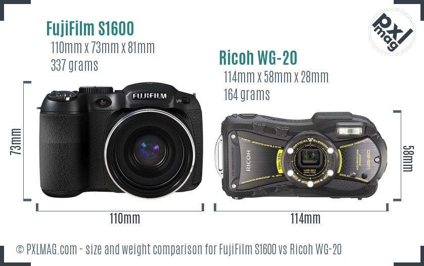 FujiFilm S1600 vs Ricoh WG-20 size comparison FujiFilm S1600 vs Ricoh WG-20 size comparison