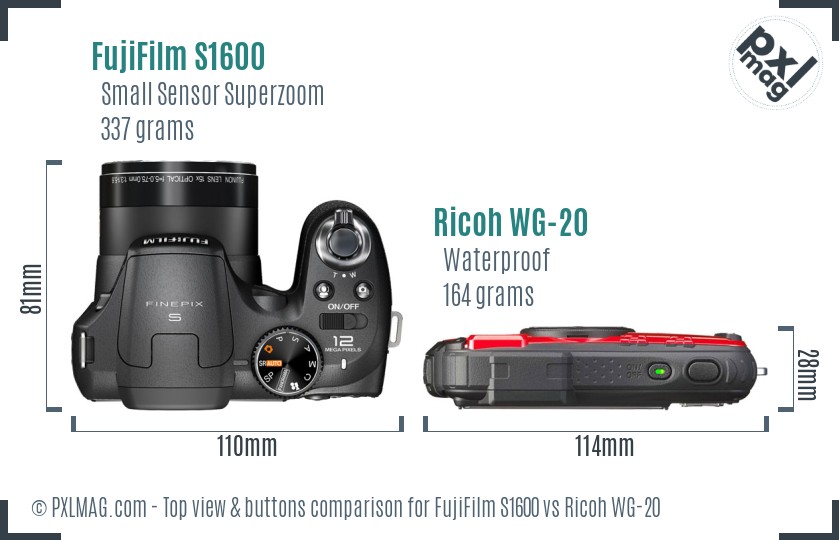 FujiFilm S1600 vs Ricoh WG-20 top view buttons comparison