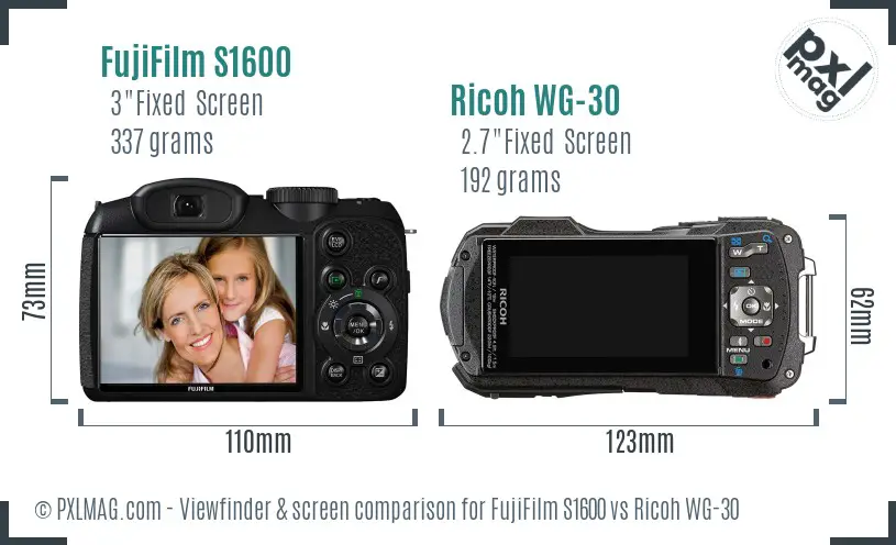 FujiFilm S1600 vs Ricoh WG-30 Screen and Viewfinder comparison