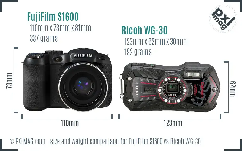 FujiFilm S1600 vs Ricoh WG-30 size comparison