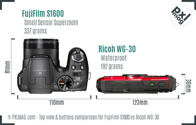 FujiFilm S1600 vs Ricoh WG-30 top view buttons comparison