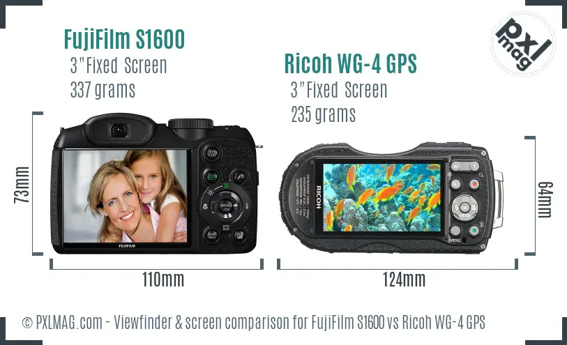 FujiFilm S1600 vs Ricoh WG-4 GPS Screen and Viewfinder comparison