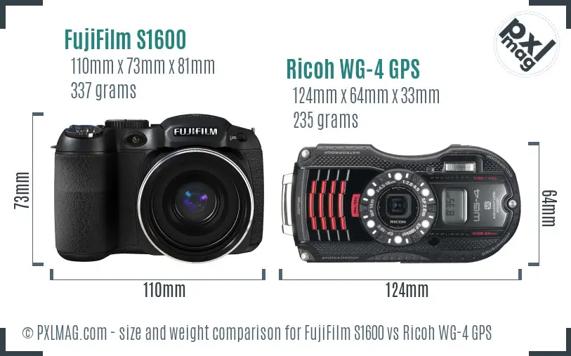 FujiFilm S1600 vs Ricoh WG-4 GPS size comparison