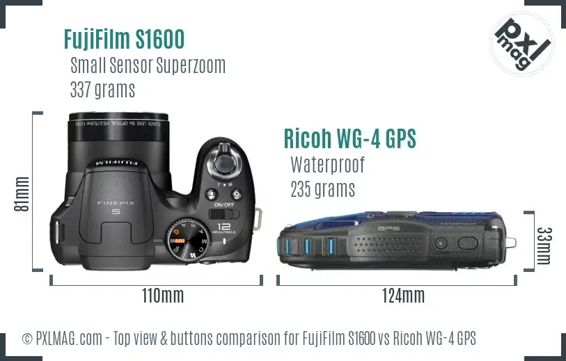 FujiFilm S1600 vs Ricoh WG-4 GPS top view buttons comparison