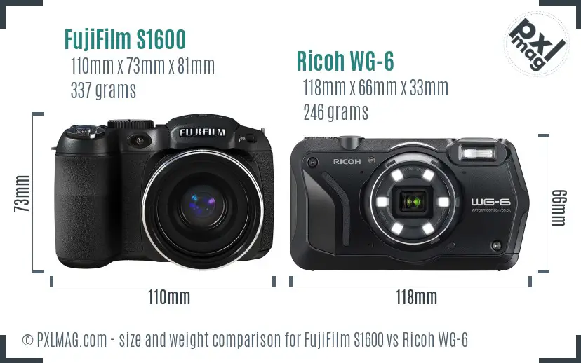 FujiFilm S1600 vs Ricoh WG-6 size comparison