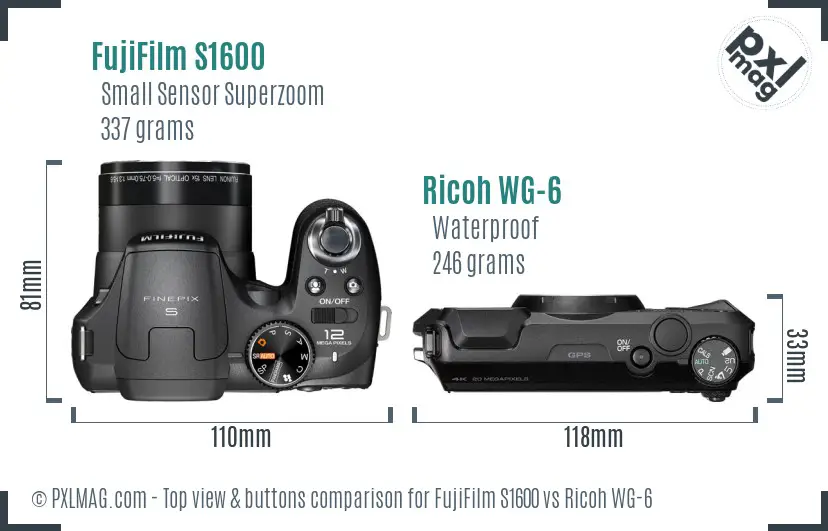 FujiFilm S1600 vs Ricoh WG-6 top view buttons comparison