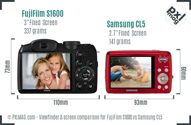 FujiFilm S1600 vs Samsung CL5 Screen and Viewfinder comparison