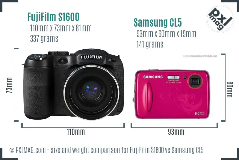 FujiFilm S1600 vs Samsung CL5 size comparison