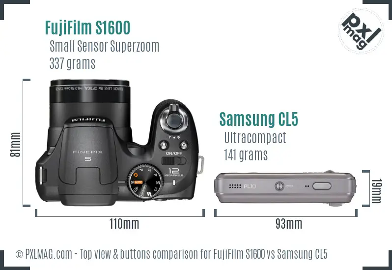 FujiFilm S1600 vs Samsung CL5 top view buttons comparison