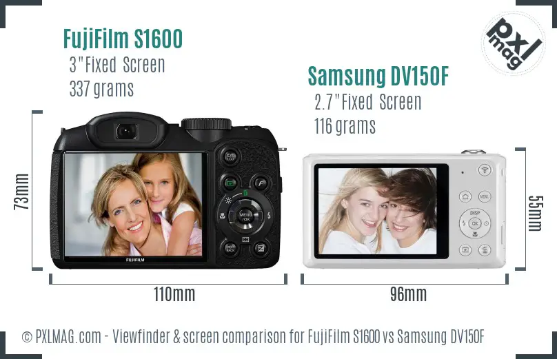 FujiFilm S1600 vs Samsung DV150F Screen and Viewfinder comparison