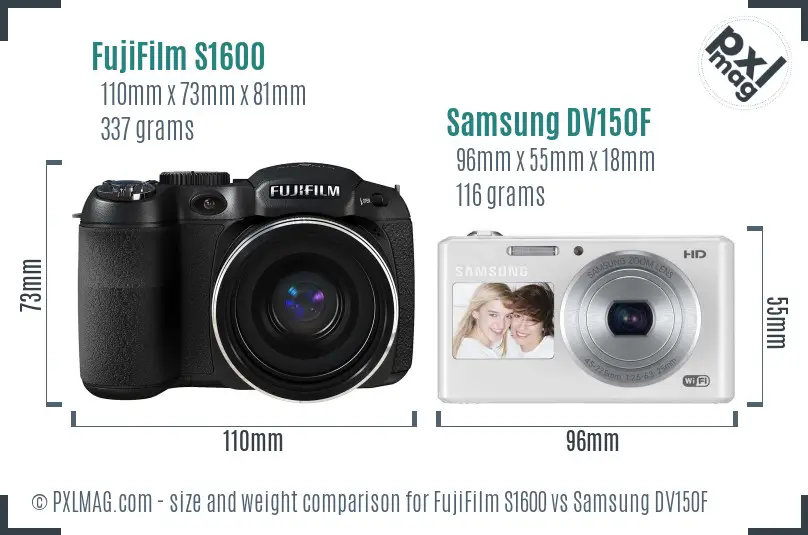 FujiFilm S1600 vs Samsung DV150F size comparison