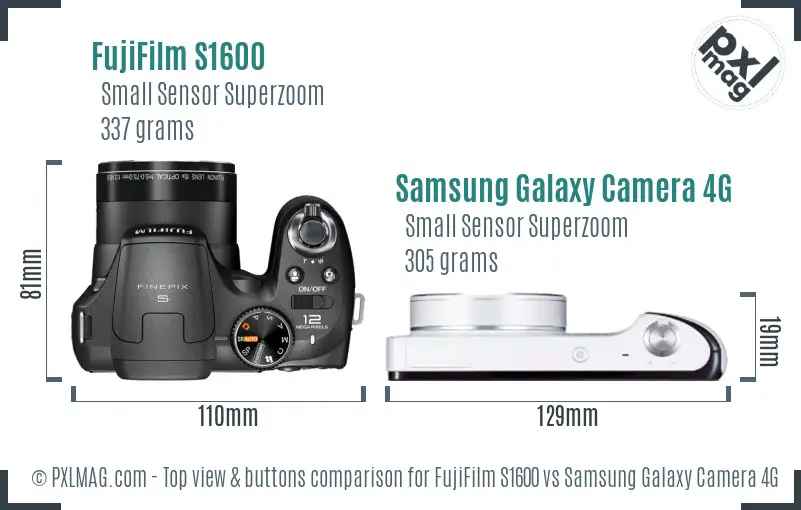 FujiFilm S1600 vs Samsung Galaxy Camera 4G top view buttons comparison