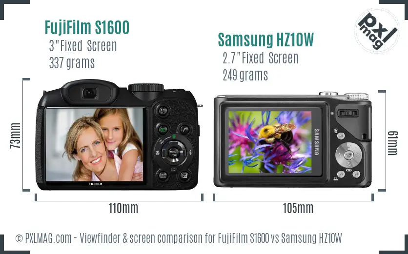 FujiFilm S1600 vs Samsung HZ10W Screen and Viewfinder comparison