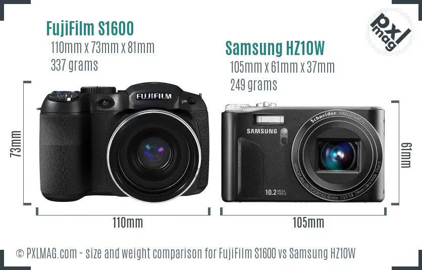 FujiFilm S1600 vs Samsung HZ10W size comparison