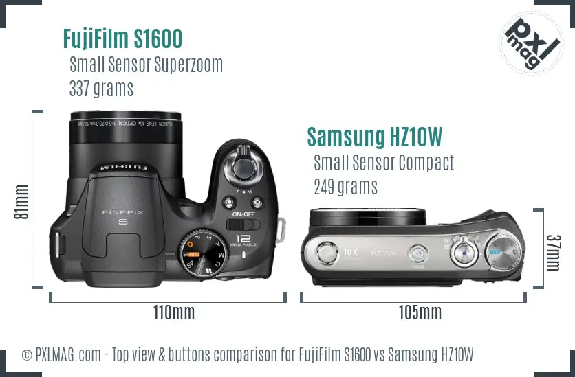 FujiFilm S1600 vs Samsung HZ10W top view buttons comparison