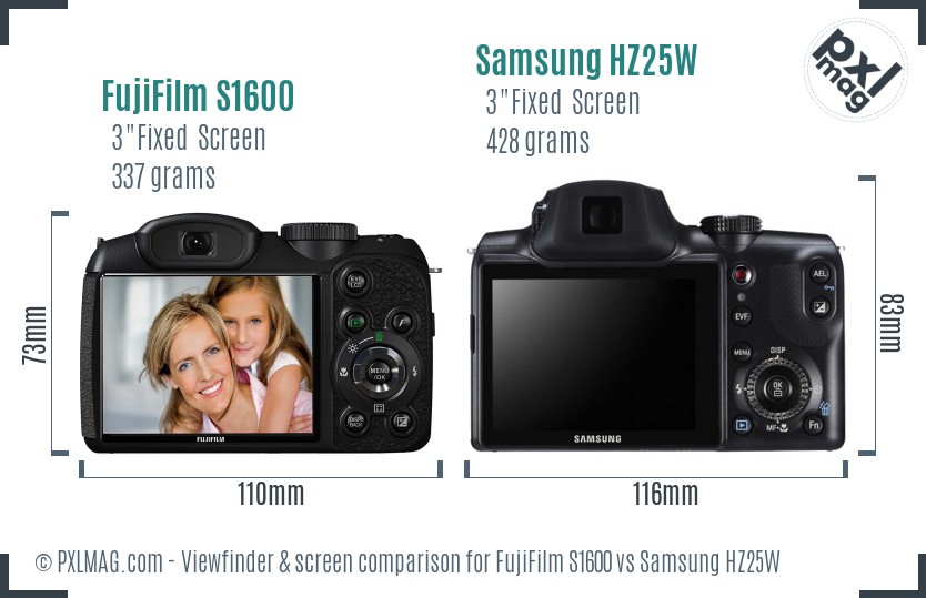 FujiFilm S1600 vs Samsung HZ25W Screen and Viewfinder comparison