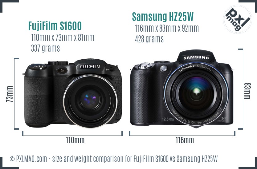 FujiFilm S1600 vs Samsung HZ25W size comparison