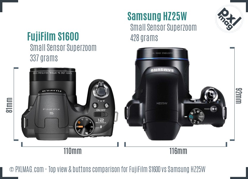 FujiFilm S1600 vs Samsung HZ25W top view buttons comparison